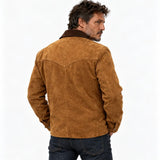 Last of Us inspired tan suede jacket with snap button front and dark brown suede collar