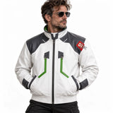 Cyberpunk Edgerunners 2 Roman Carax-inspired white leather biker jacket with grey shoulders and green accents, worn by a model