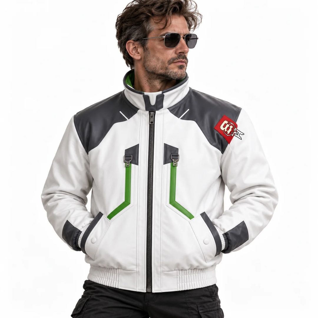 Cyberpunk Edgerunners 2 Roman Carax-inspired white leather biker jacket with grey shoulders and green accents, worn by a model