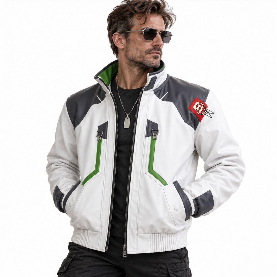 Cyberpunk Edgerunners 2 Roman Carax-inspired white biker jacket for men, back view with grey shoulder yoke