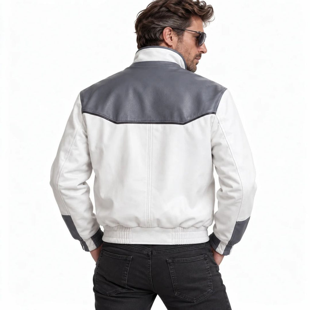 Cyberpunk Edgerunners 2 Roman Carax-inspired white biker jacket, front view with green stripes and red shoulder patch