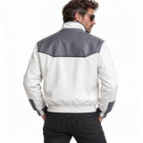 Cyberpunk Edgerunners 2 Roman Carax-inspired white biker jacket, front view with green stripes and red shoulder patch