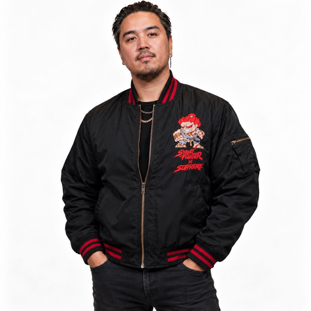 Black bomber jacket for men inspired by Street Fighter Akuma