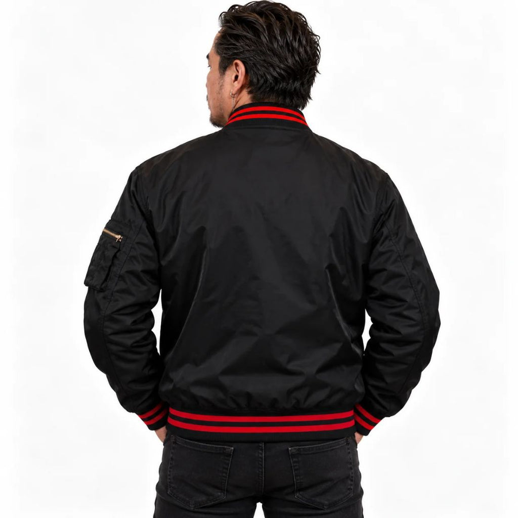 Men's black satin bomber jacket with Street Fighter inspired graphics