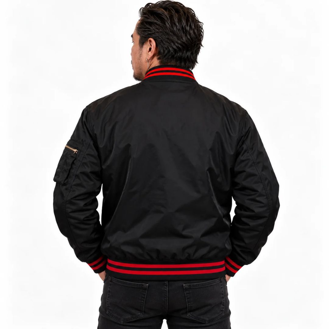 Men's black satin bomber jacket with Street Fighter inspired graphics