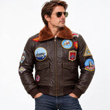 Top Gun Maverick-inspired brown leather flight jacket, worn by a model