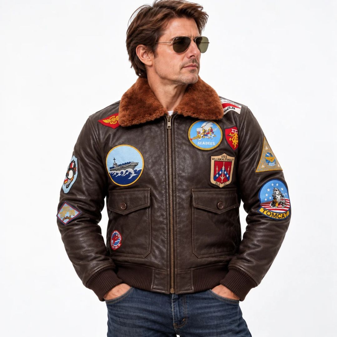 Top Gun Maverick-inspired brown leather flight jacket, worn by a model
