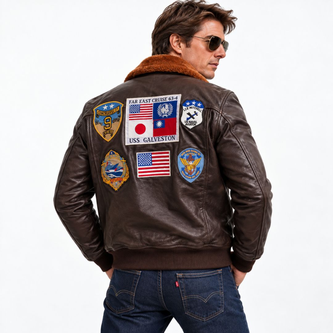Top Gun Maverick-inspired brown leather flight jacket, alternate angle