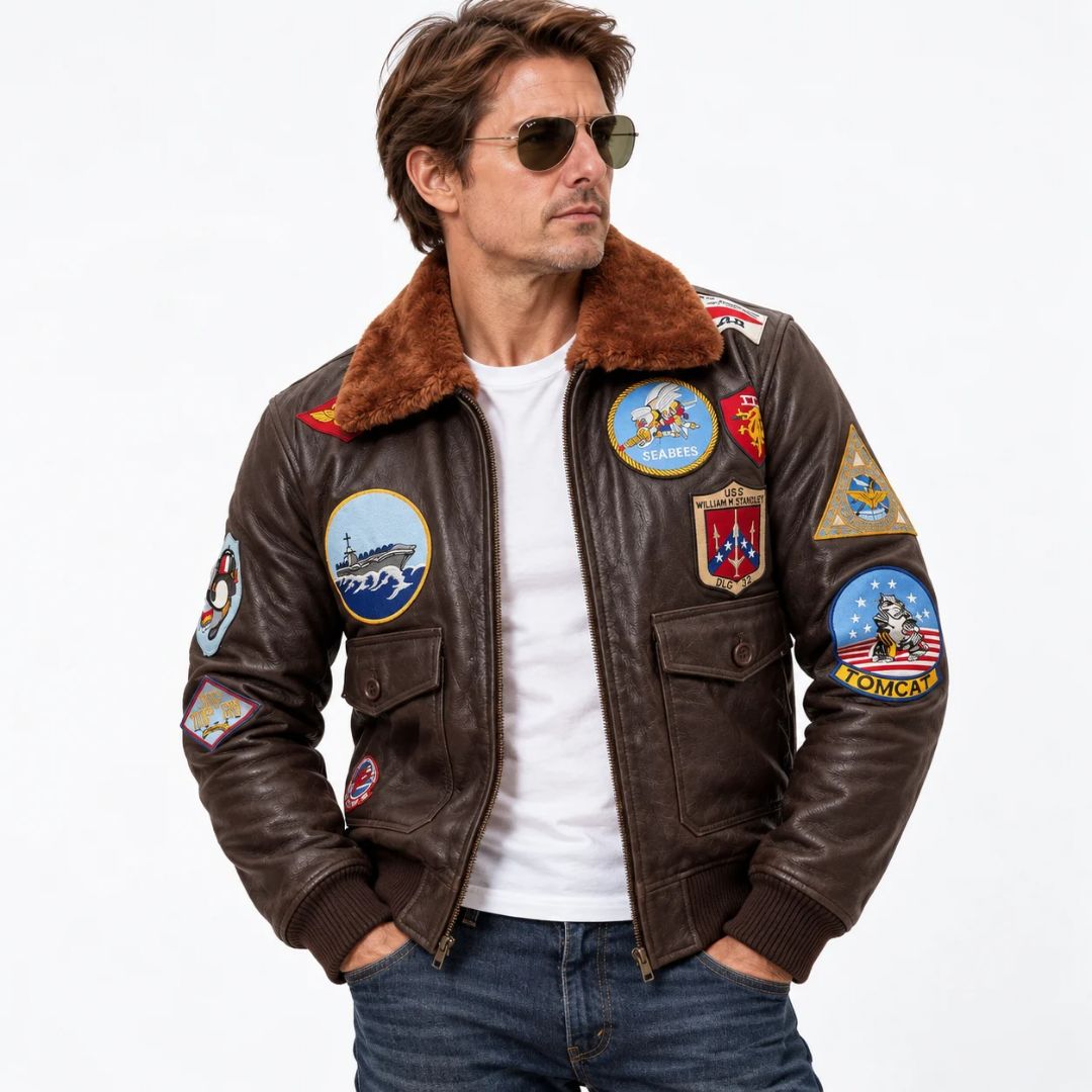 Top Gun Maverick-inspired brown leather flight jacket for men, detail view