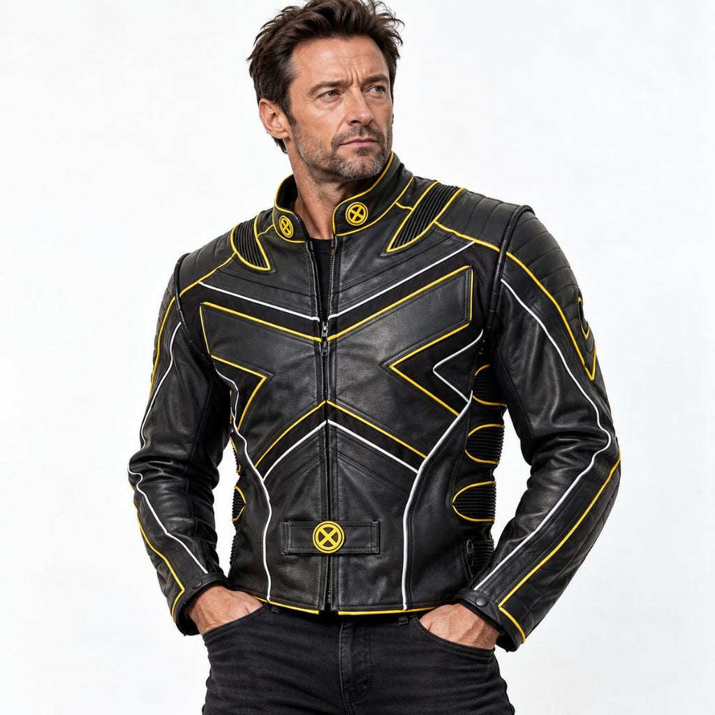 Black and yellow leather biker jacket for men inspired by X-Men Wolverine
