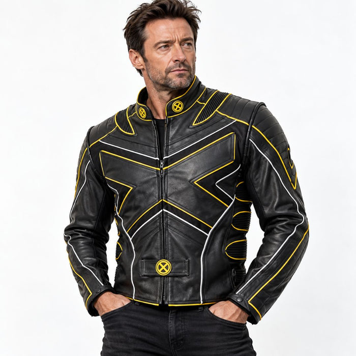 X-Men Wolverine Black and Yellow Leather Biker Jacket for Men