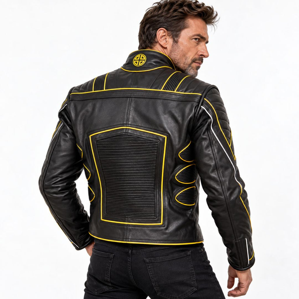 Men's black leather biker jacket with yellow accents, Wolverine inspired